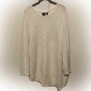 Rafaella Asymmetrical Cable Knit Sweater, Ivory (egret), 2XL